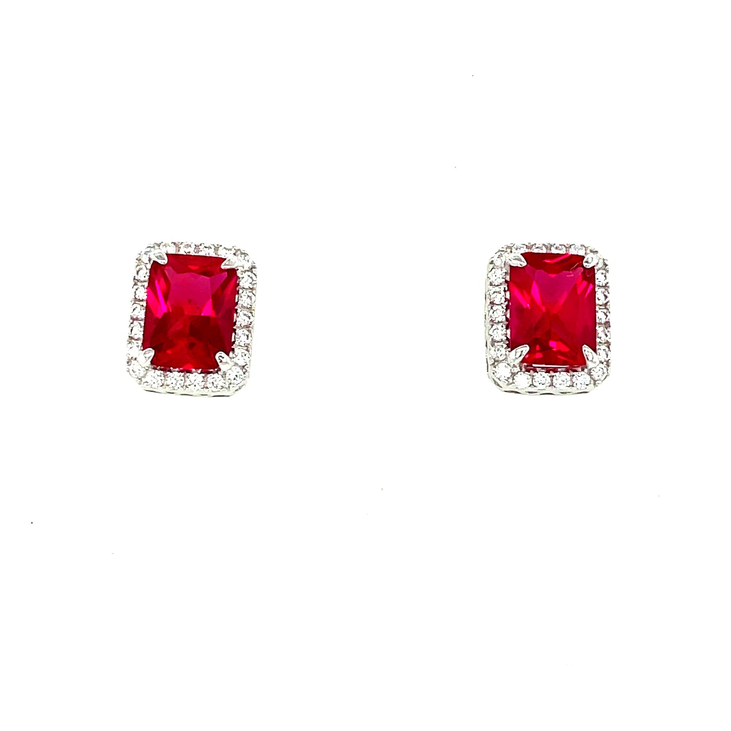 Sterling Silver Cubic Zirconia/Red Emerald Cut Stud Earring