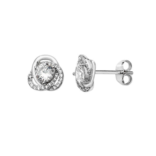 Sterling Silver Plain And Cubic Zirconia Knot Earrings