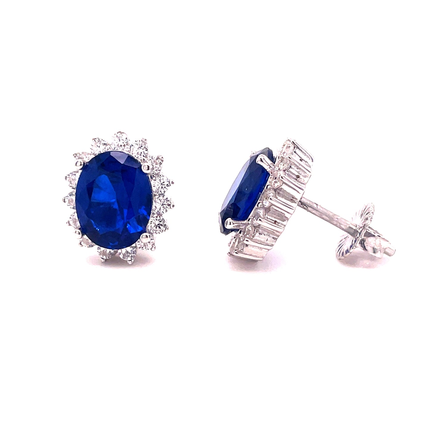 Sterling Silver Blue/Cubic Zirconia Oval Cluster Stud Earring