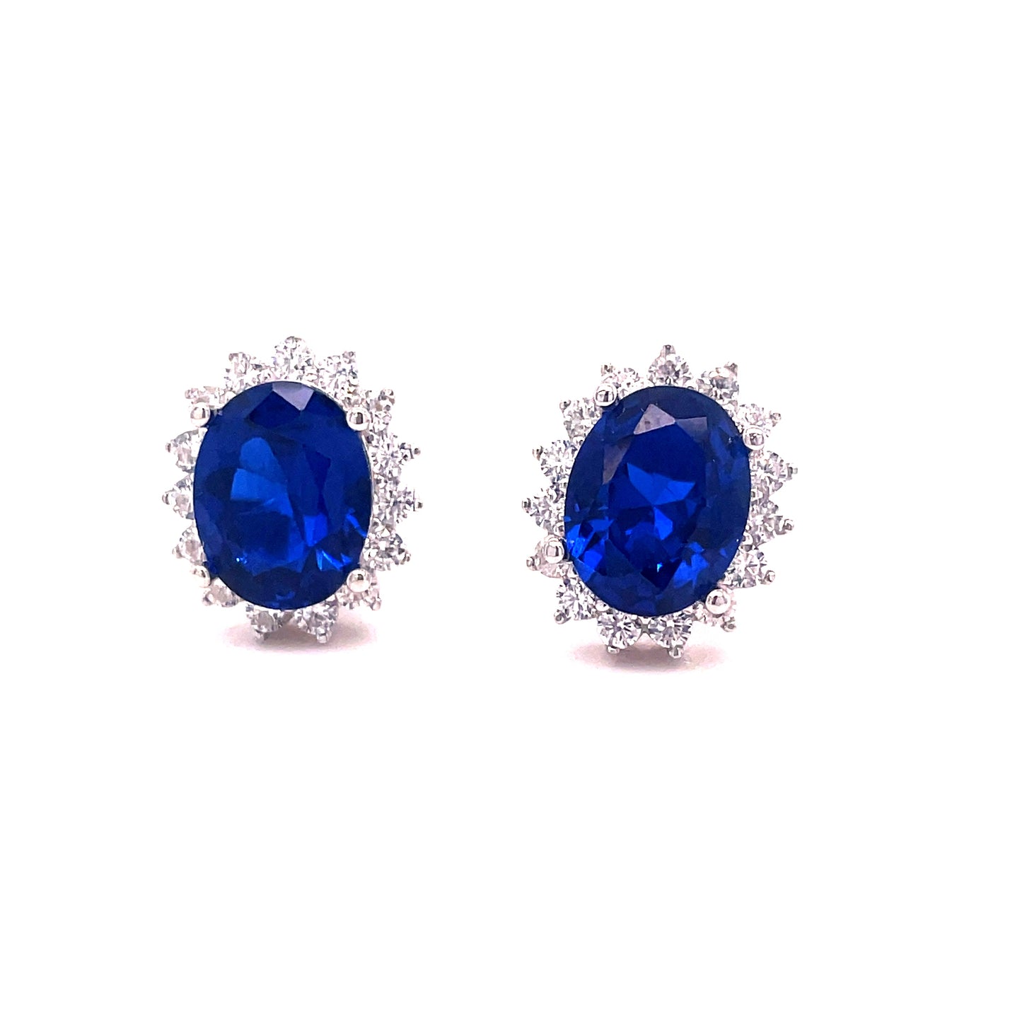 Sterling Silver Blue/Cubic Zirconia Oval Cluster Stud Earring