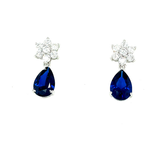 Sterling Silver Blue/Cubic Zirconia Flower/Pear Drop Earring