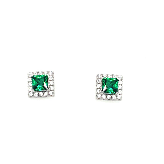 Sterling Silver Green Cubic Zirconia Square Stud Earrings