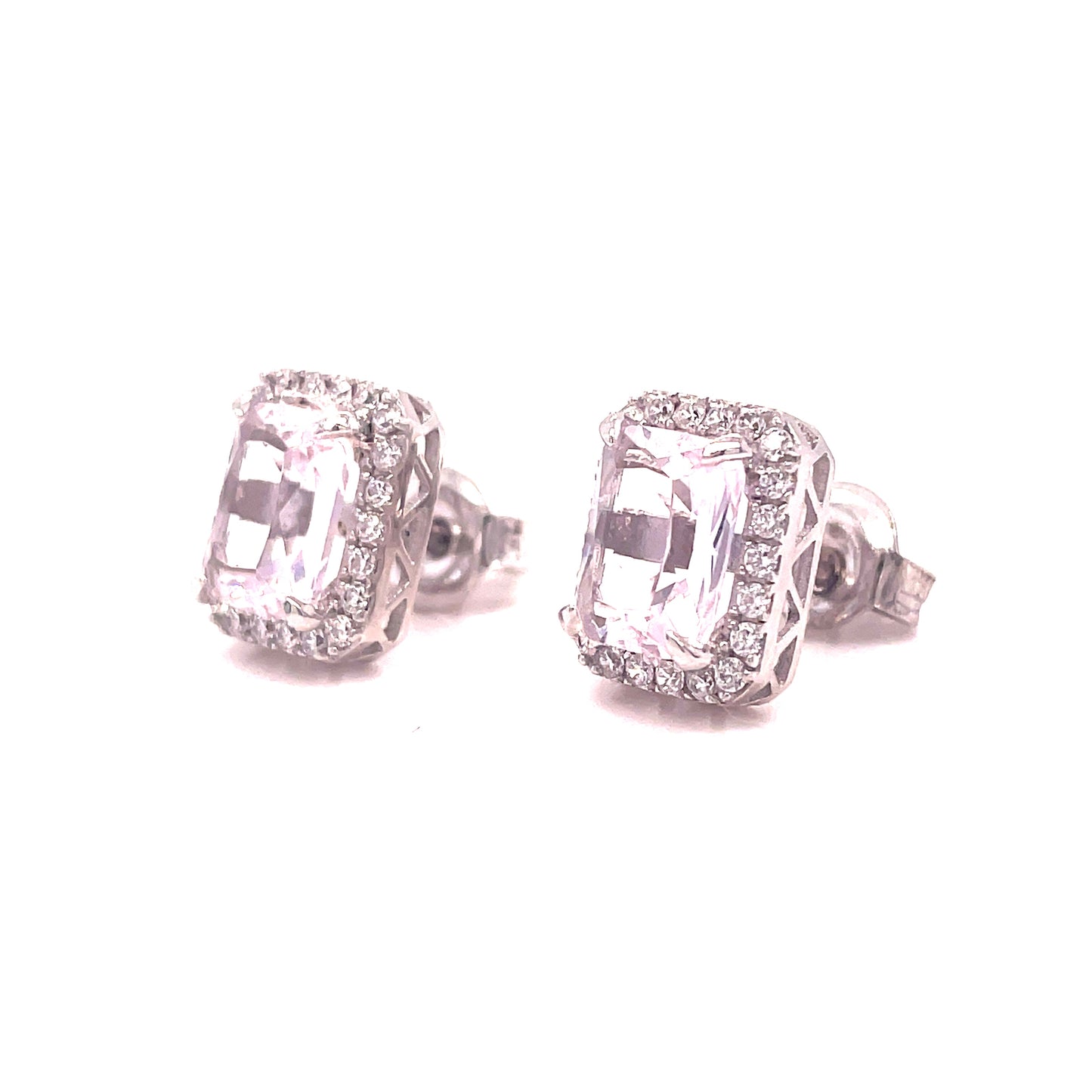 Sterling Silver Emerald Cut Cubic Zirconia/Pink Stud Earring