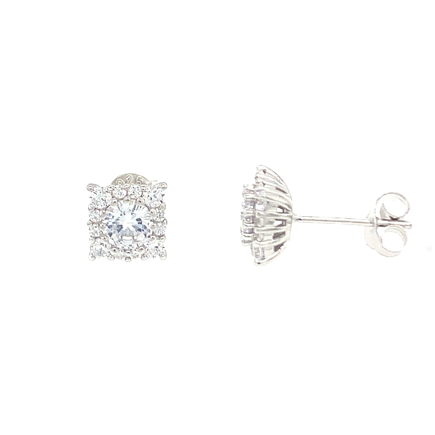Sterling Silver Cubic Zirconia Square Cluster Stud Earrings
