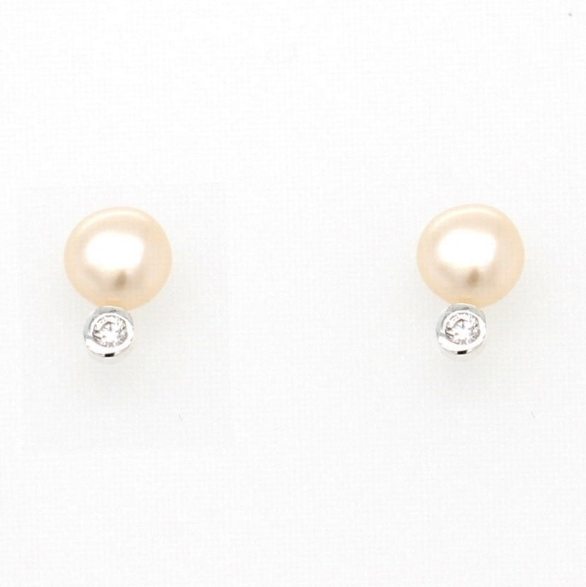 Sterling Silver 4.5mm Pearl And Rubover Cubic Zirconia Earrings