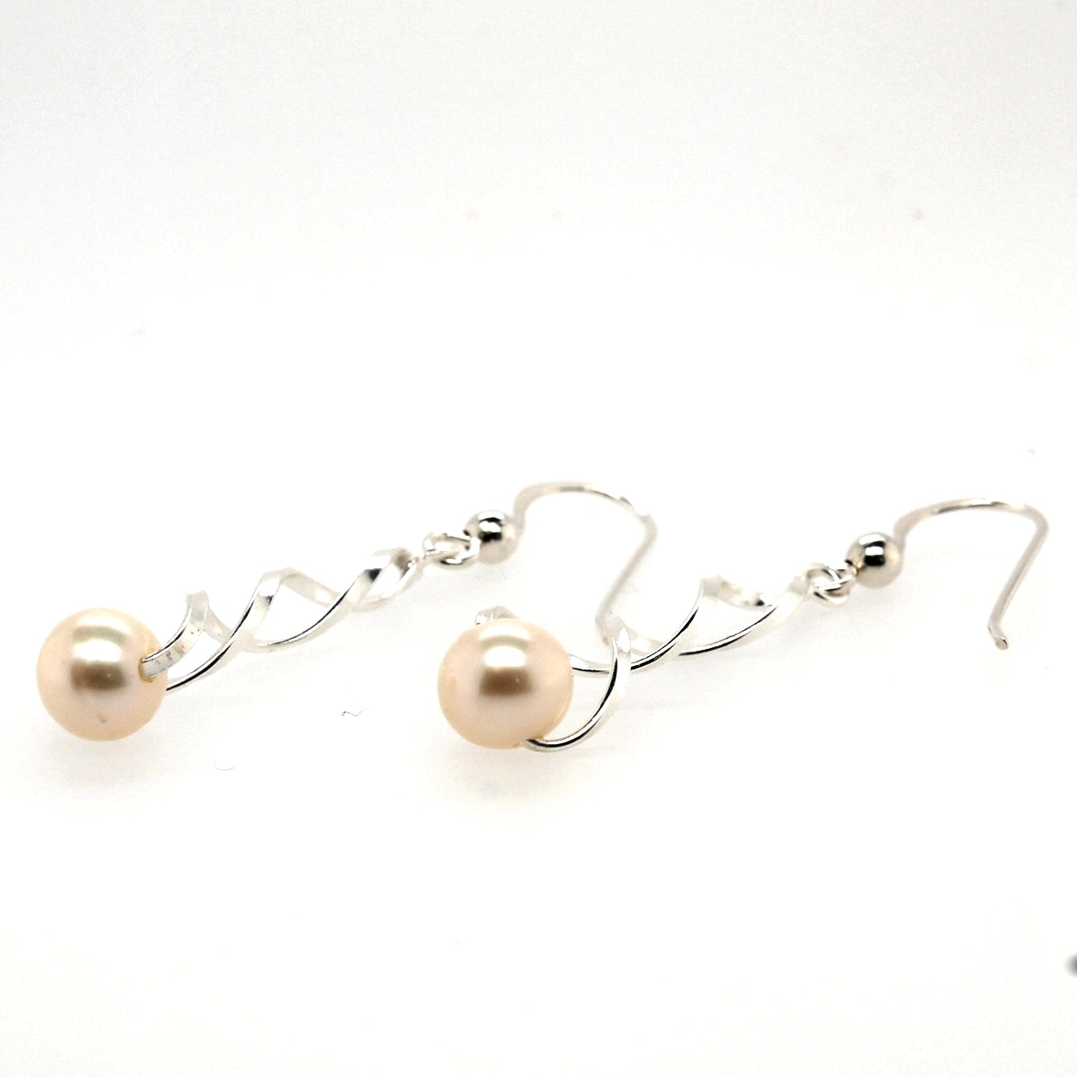 Sterling Silver 6.5mm Pearl Long Twist Drop Earrings