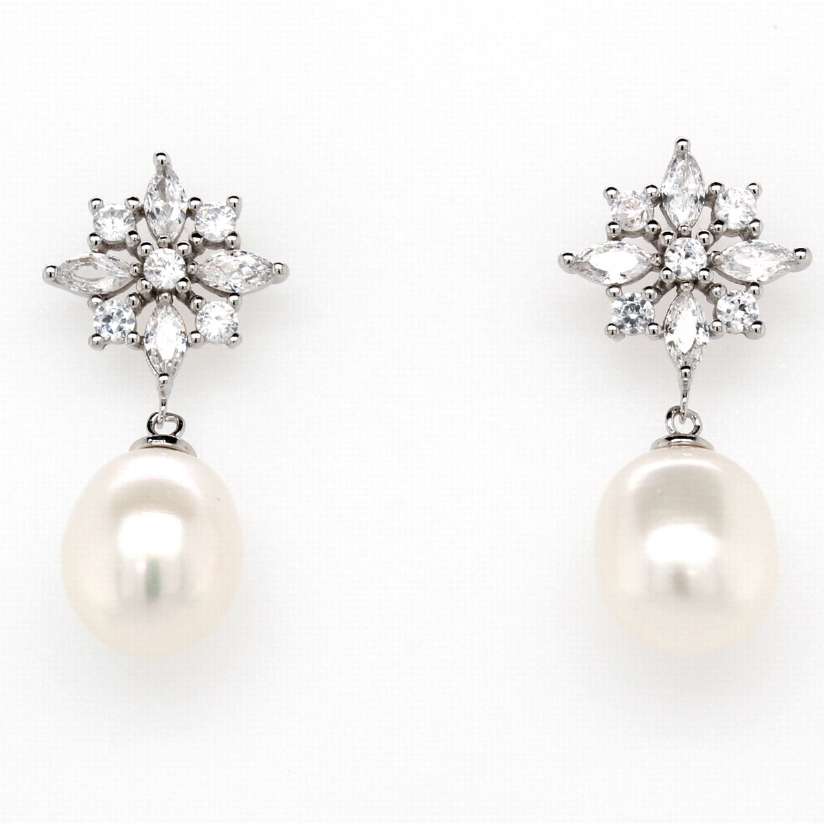 Sterlin Silver 8.5mm Pearl And Cubic Zirconia Snowflake Earrings