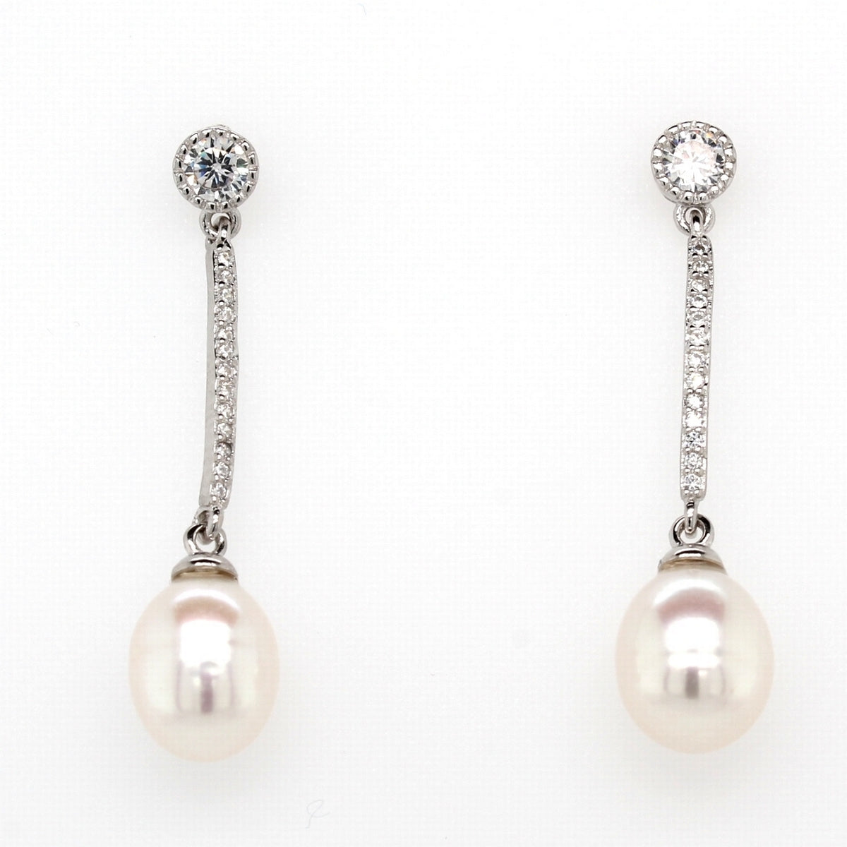 Sterling Silver 7.5mm Pearl And Cubic Zirconia Bar Drop Earrings
