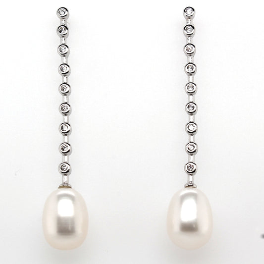Sterling Silver Pearl And Cubic Zirconia Rubover Drop Earrings