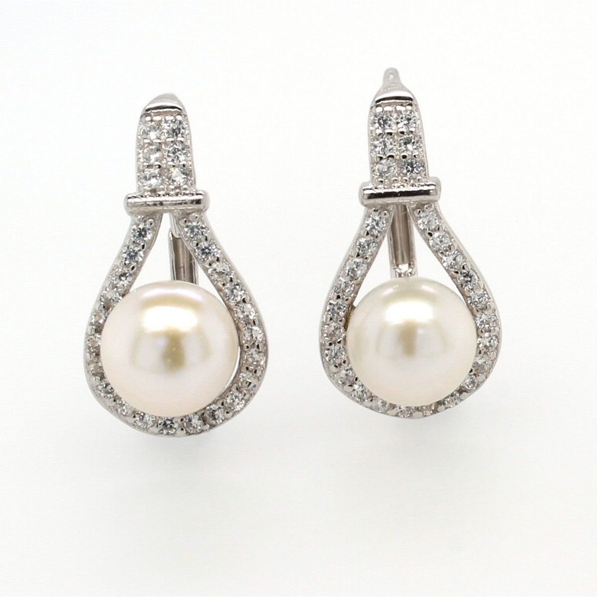 Sterling Silver 7mm Pearl And Cubic Zirconia Teardrop Earrings