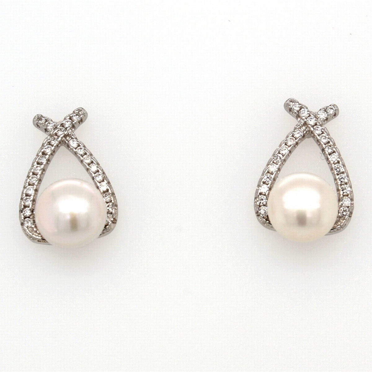 Sterling Silver 7mm Pearl And Cubic Zirconia Wishbone Earrings