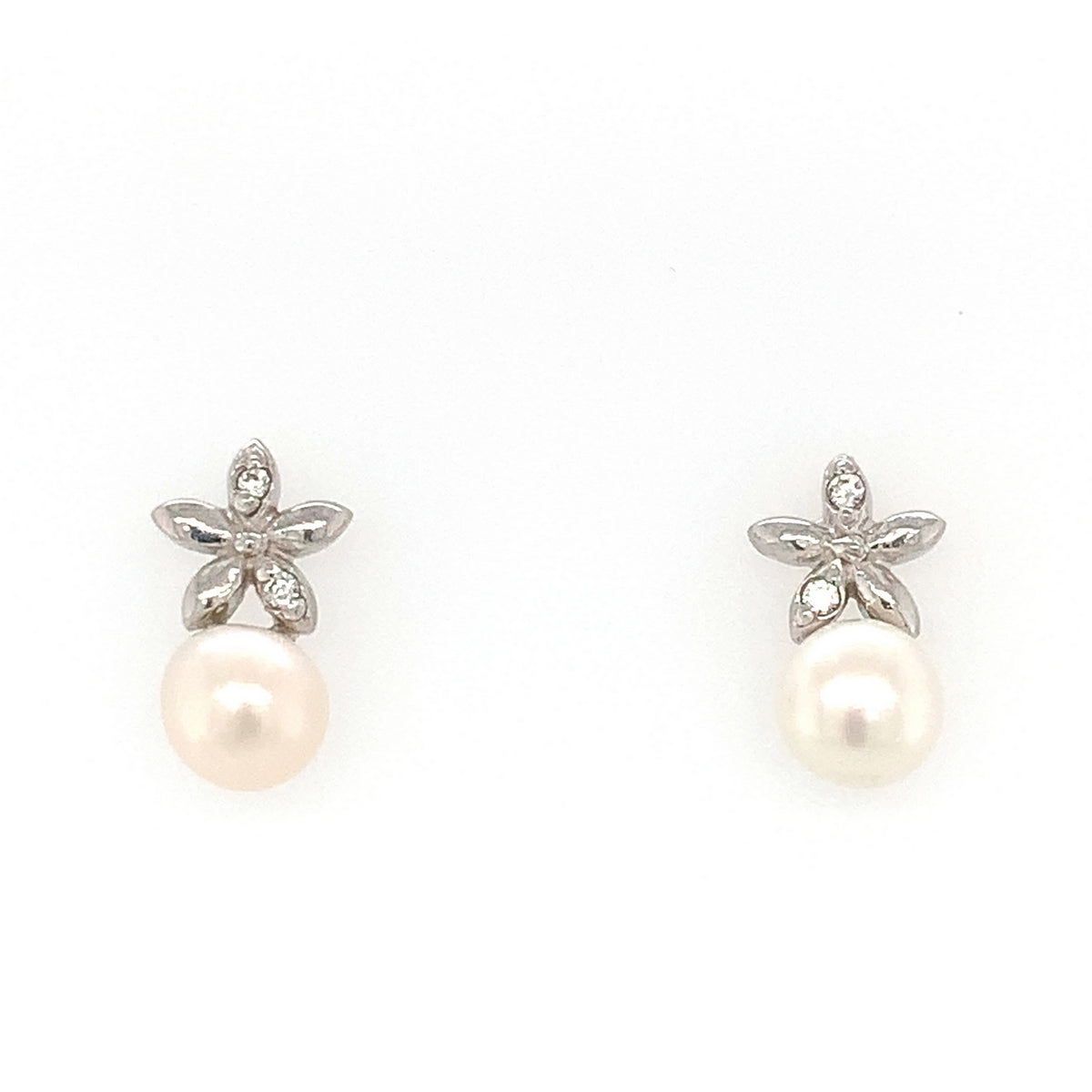 Sterling Silver 7.5mm Pearl And Cubic Zirconia Flower Earrings