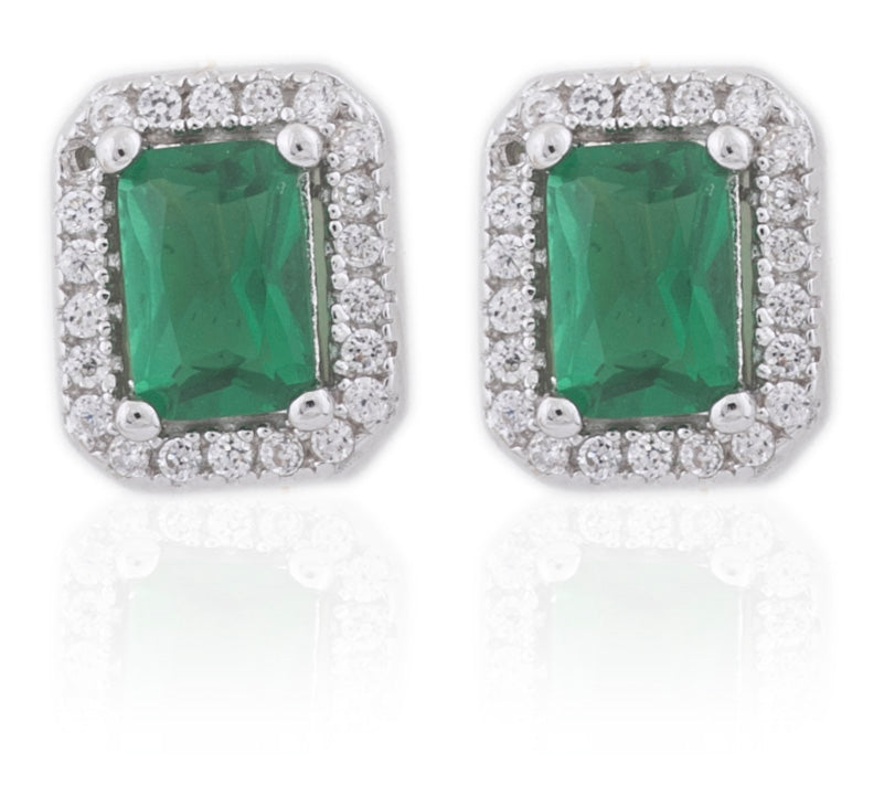 Sterling Silver Cubic Zirconia Square Cluster Emerald Earrings