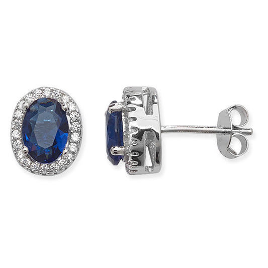 Sterling Silver Halo Oval Blue And White Cz Stud Earring