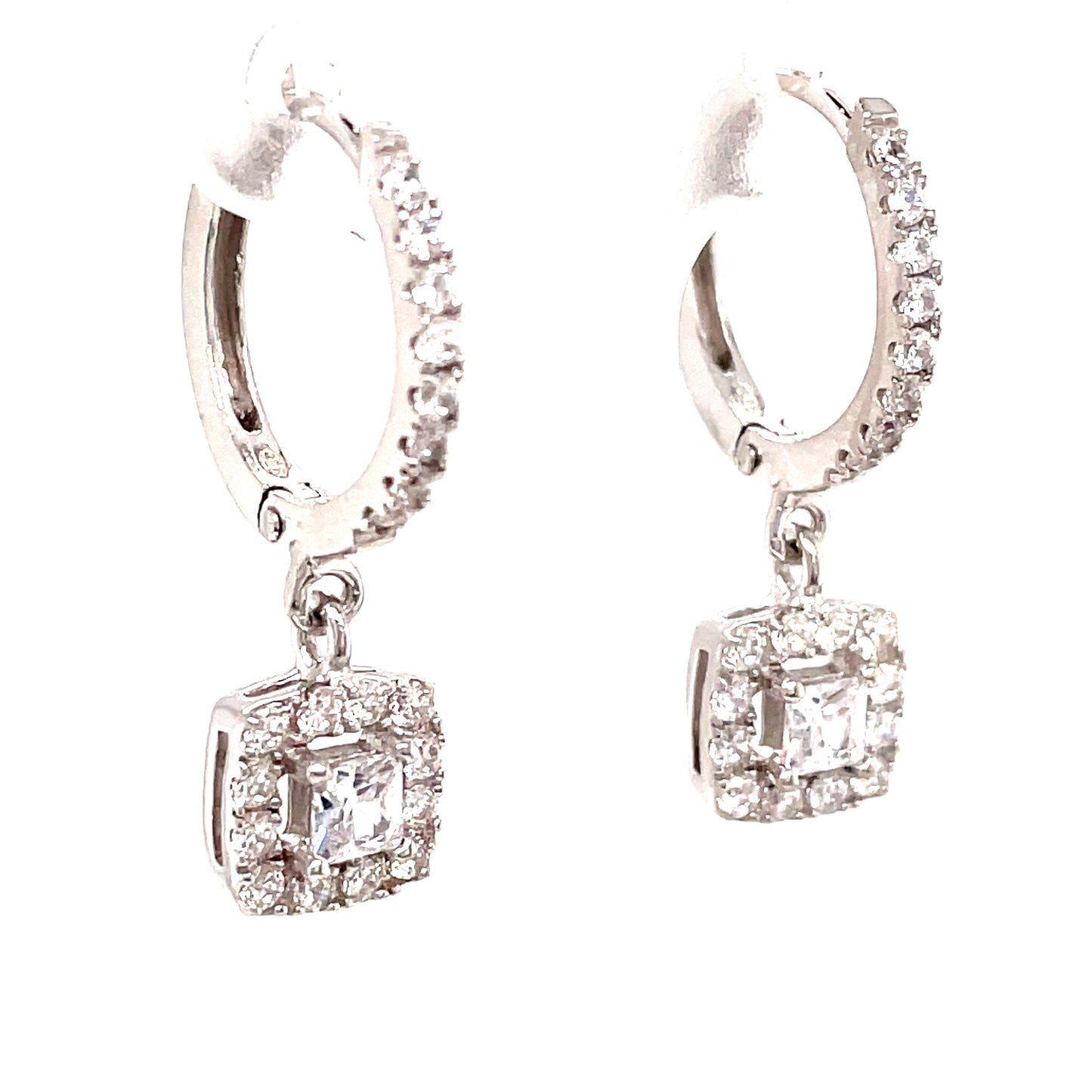 Sterling Silver Cubic Zirconia  Hoop With Square Drop Earring