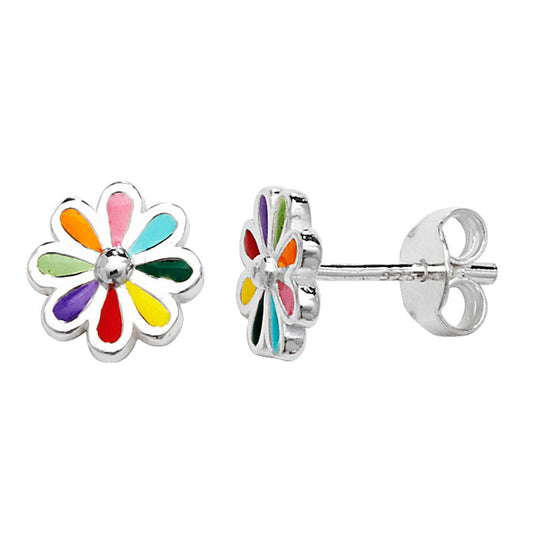 Sterling Silver Rainbow Enamel Daisy Stud Earring