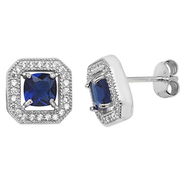 Stering Silver Halo Blue And White Cz Stud Earring
