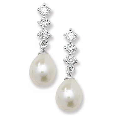 Sterling Silver Pearl And 3 Cubic Zirconia Drop Earring