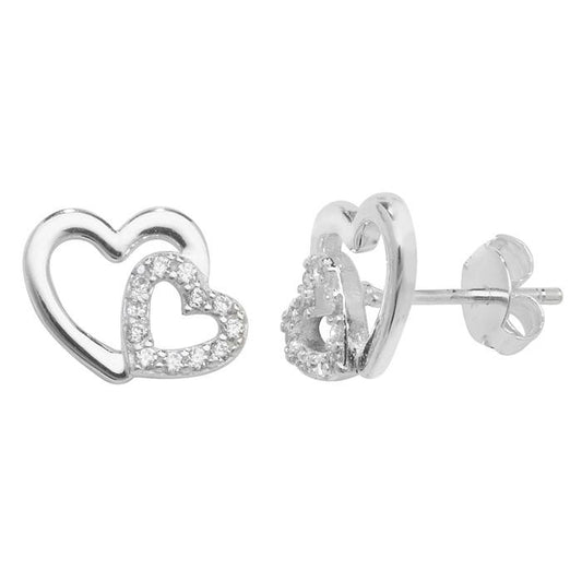 Sterling Silver Earring With Plain And Cubic Zirconia Hearts