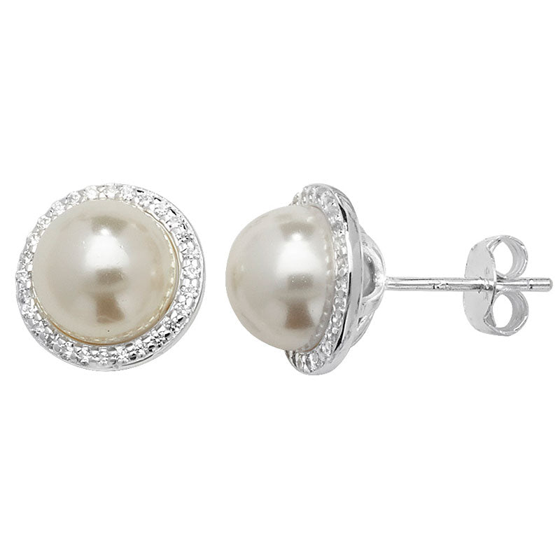 Sterling Silver Pearl Stud Earring With Cubic Zirconia Halo
