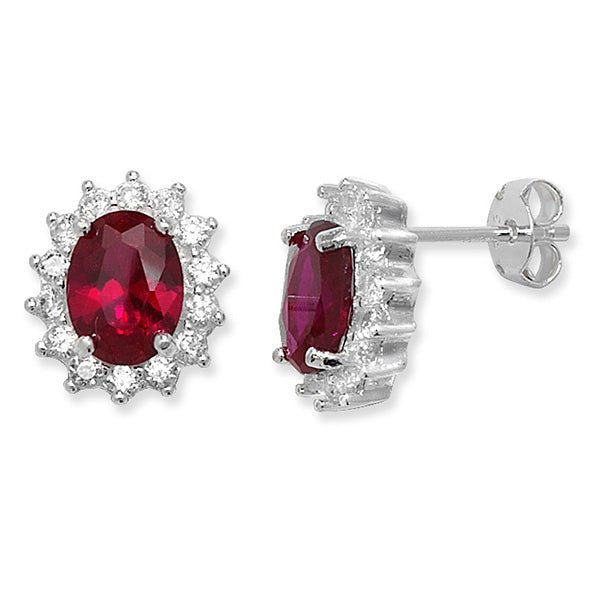 Sterling Silver Red & White Cubic Zircon Oval Stud Earrings