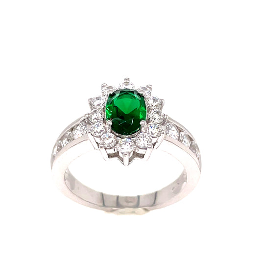 Sterling Silver Green Stone Cubic Zirconia Cluster Ring