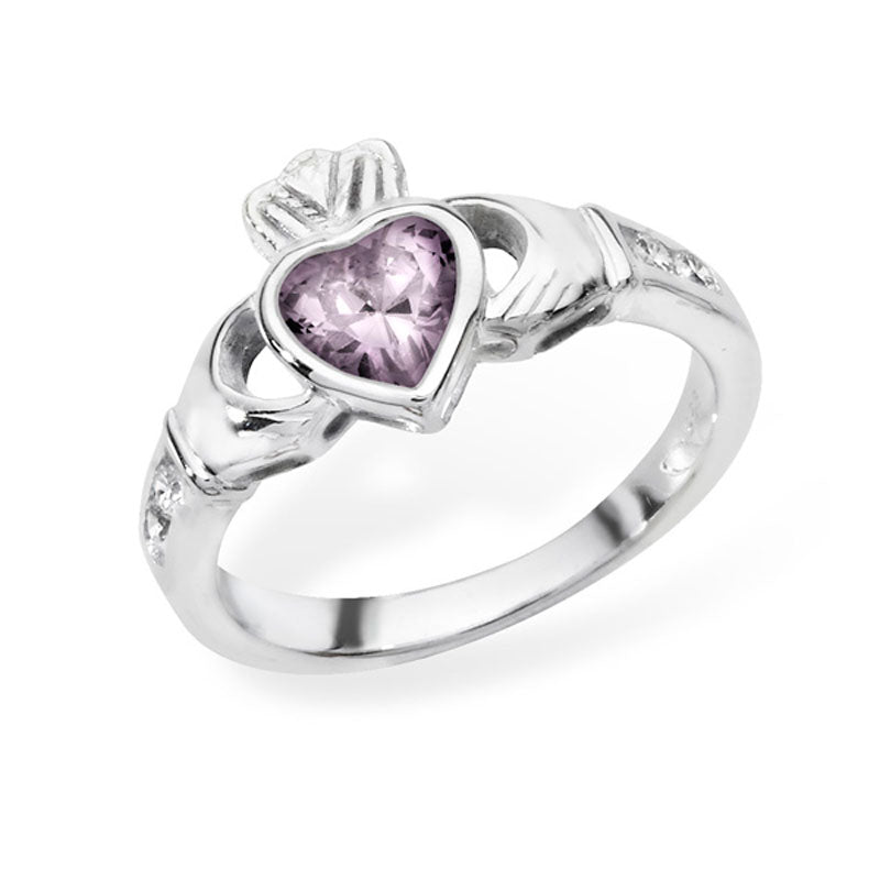 Silver Claddagh June Birth Stone Purple Cubic Zirconia  Ring