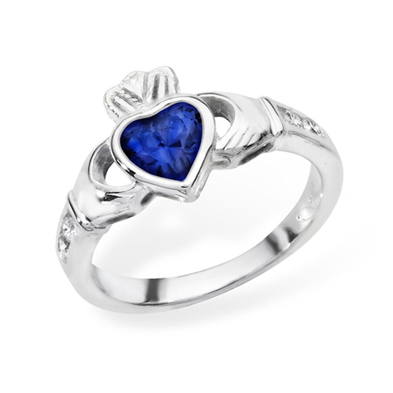 Silver Claddagh September  Birth Stone Created Sapphire  Ring