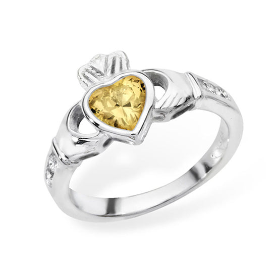 Silver Claddagh November Birth Stone Yellow Stone Ring