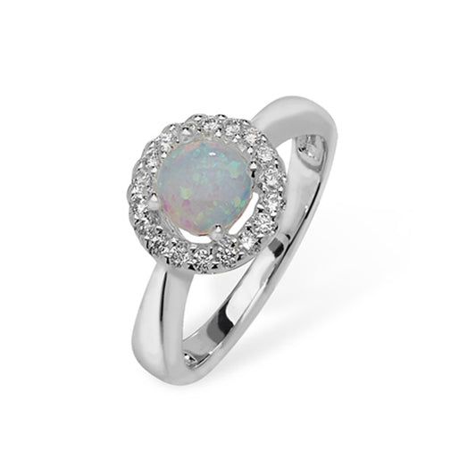 Sterling Silver Opal Halo Ring With Cubic Zirconia