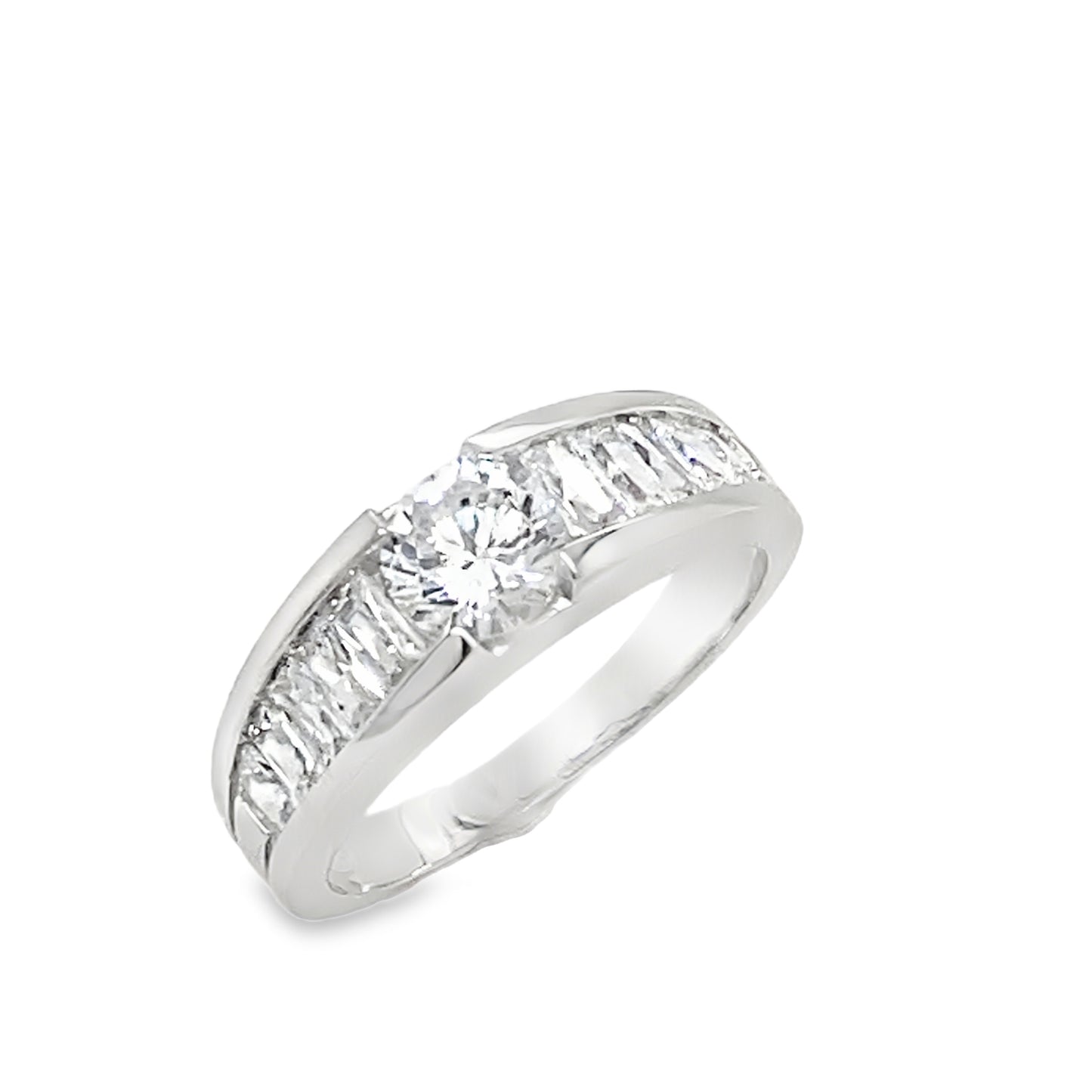 Sterling Silver Cubic Zirconia Round Solitaire/Baguette Ring