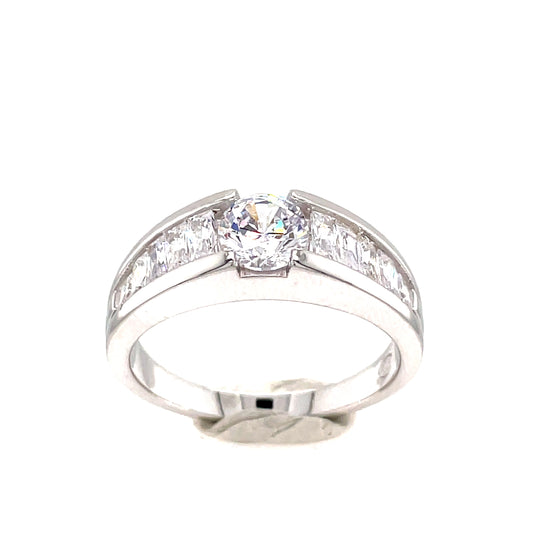 Sterling Silver Cubic Zirconia Round Solitaire/Baguette Ring