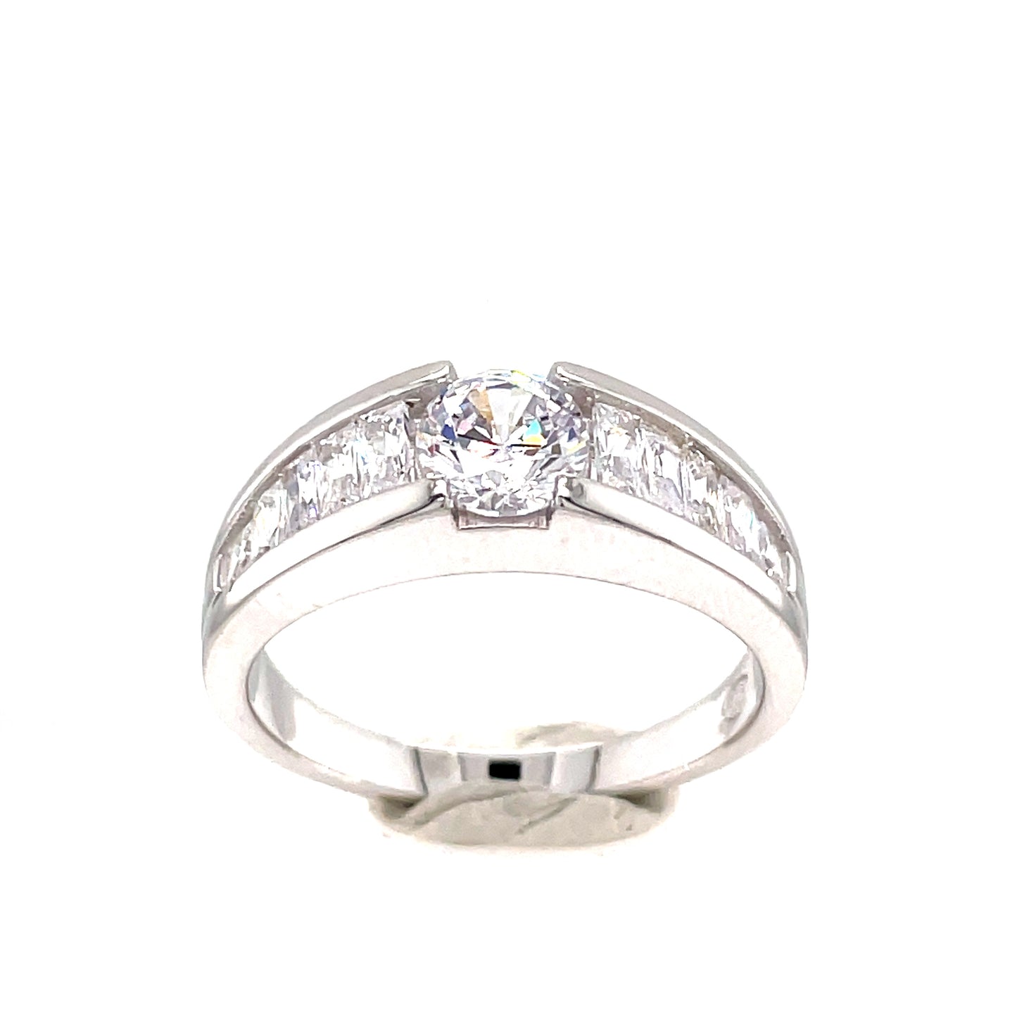 Sterling Silver Cubic Zirconia Round Solitaire/Baguette Ring