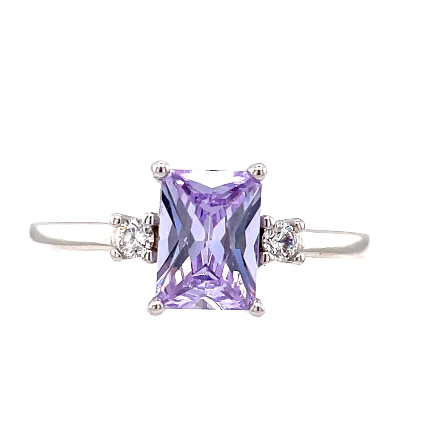 Sterling Silver Three Stone Ring With Purple Cubic Zirconia