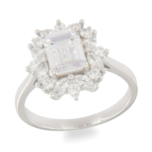 Sterling Silver Square Halo Cluster Cubic Zirconia Ring