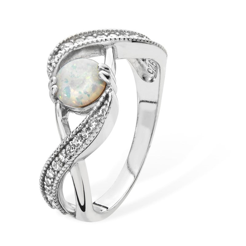 Silver Ring Opal Cubic Zirconia Cross Over