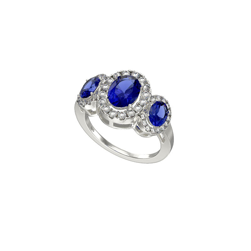 Silver Ring Three Stone Sapphire + Cubic Zirconia