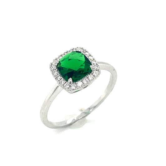 Sterling Silver Square Cluster Cubic Zrconia/Green Ring