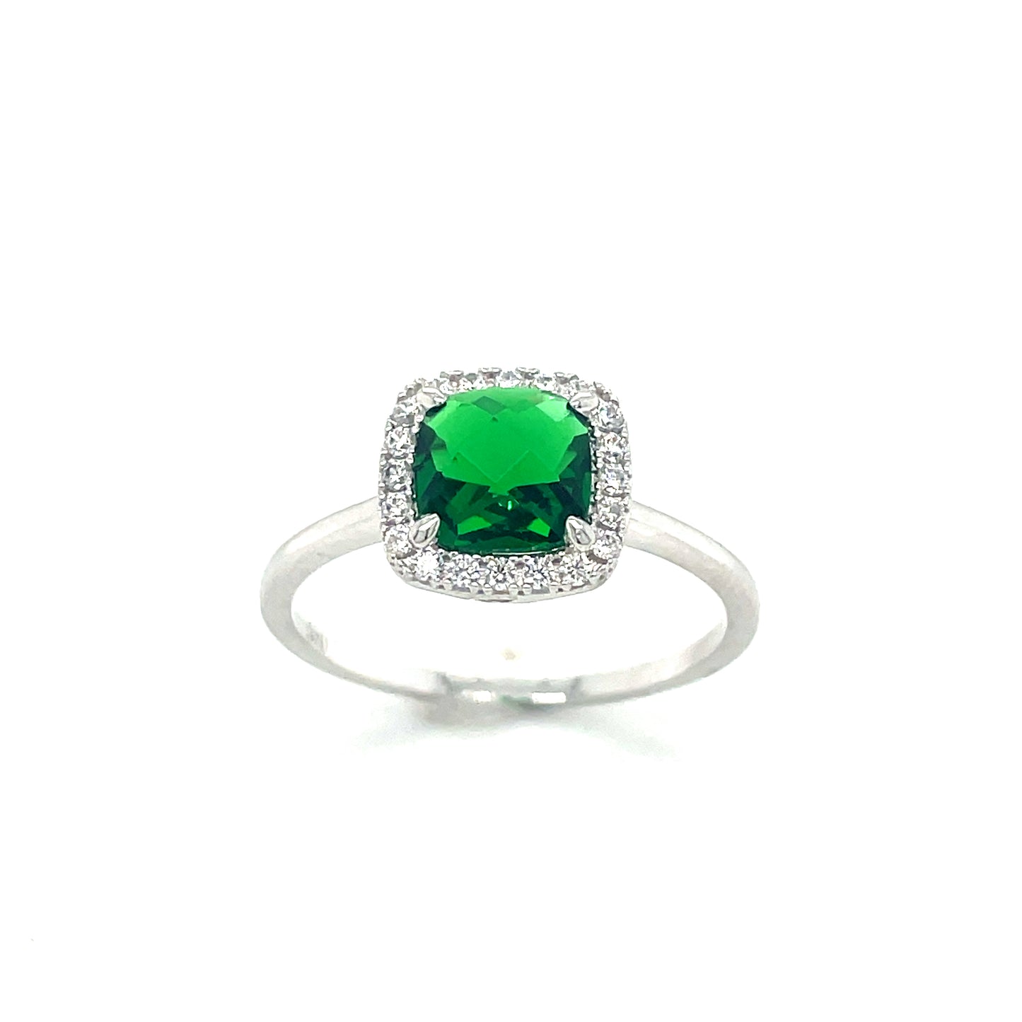 Sterling Silver Square Cluster Cubic Zrconia/Green Ring
