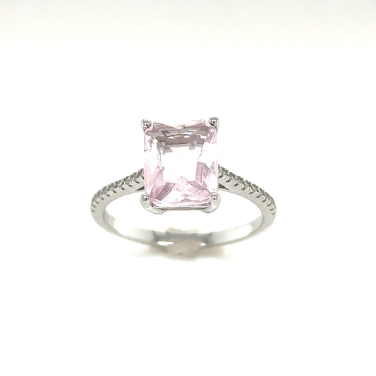 Sterling Silver Pink/Cubic Zirconia Emerald Cut Solitaire Ring