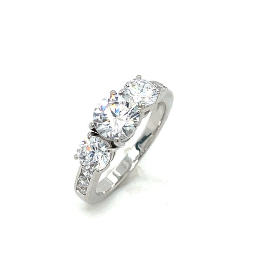 Sterling Silver Three Stone Ring With Cubic Zirconia Shoulders