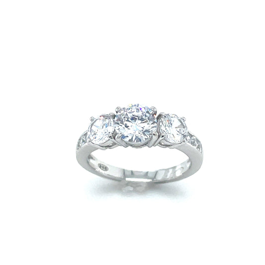 Sterling Silver Three Stone Ring With Cubic Zirconia Shoulders