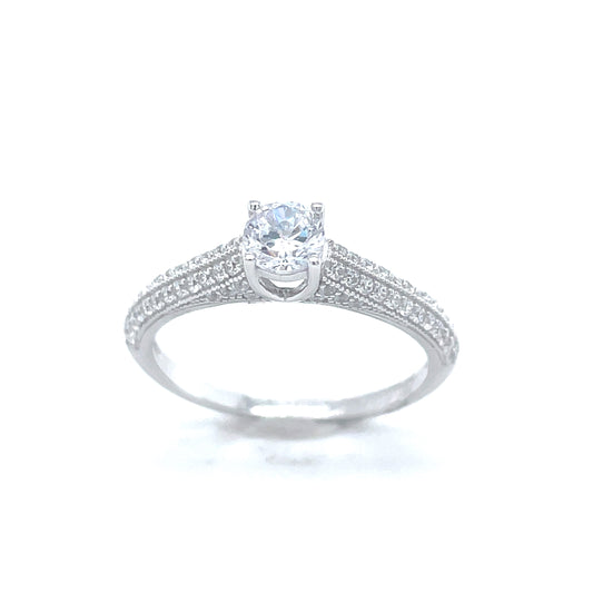 Sterling Silver Cubic Zirconia Solitaire Ring With Pave Set