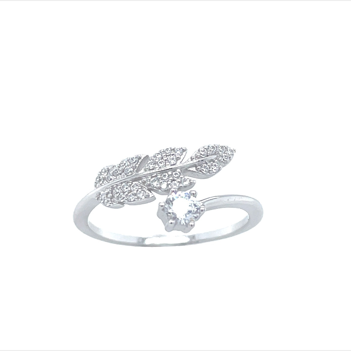 Sterling Silver Cubic Zirconia Leaf Round Solitaire Wrap Ring