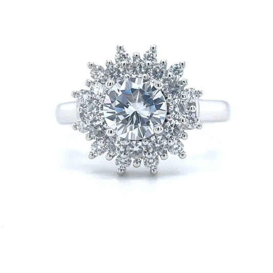 Sterling Silver Cubic Zirconia Round Centre Flower Cluster Ring