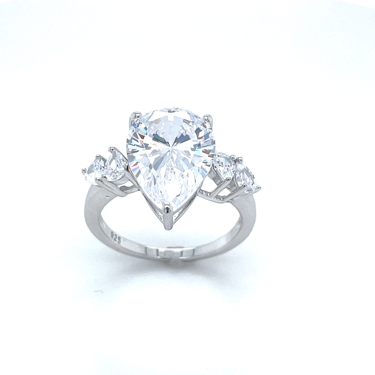 Sterling Silver Cubic Zirconia Pear Solitaire With Side Stones