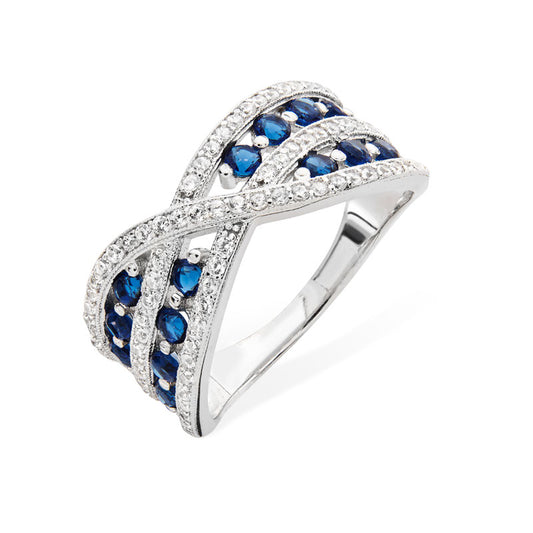 Sterling Silver Open Two Row Twist Blue Cubic Zirconia Ring