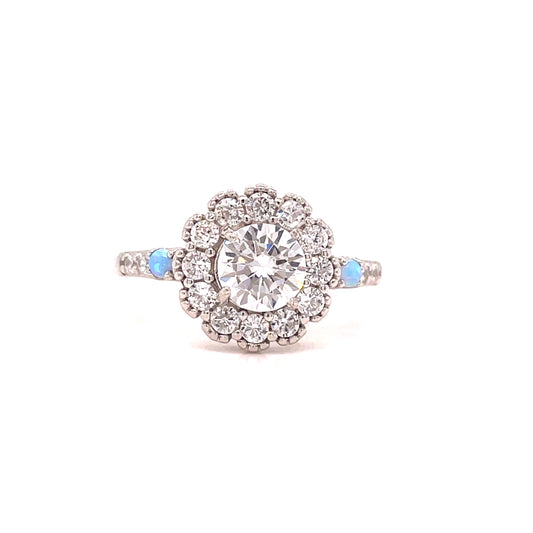 Sterling Silver Cubic Zirconia Cluster Ring With Opal Shoulders