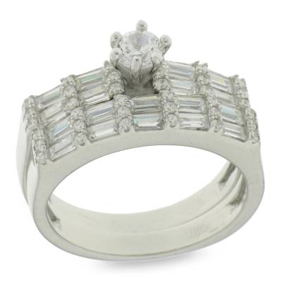 Sterling Silver Two Ring Set Baguette Cubic Zirconia Dress Ring
