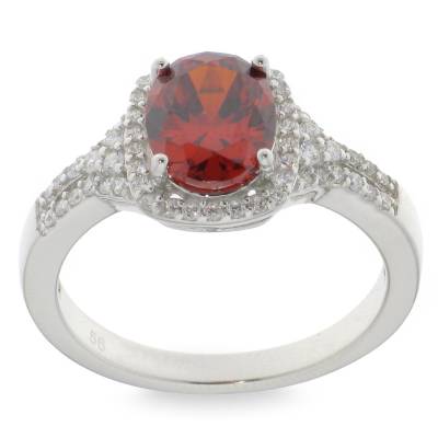 Sterling Silver Red And Cubic Zirconia Oval Cluster Ring